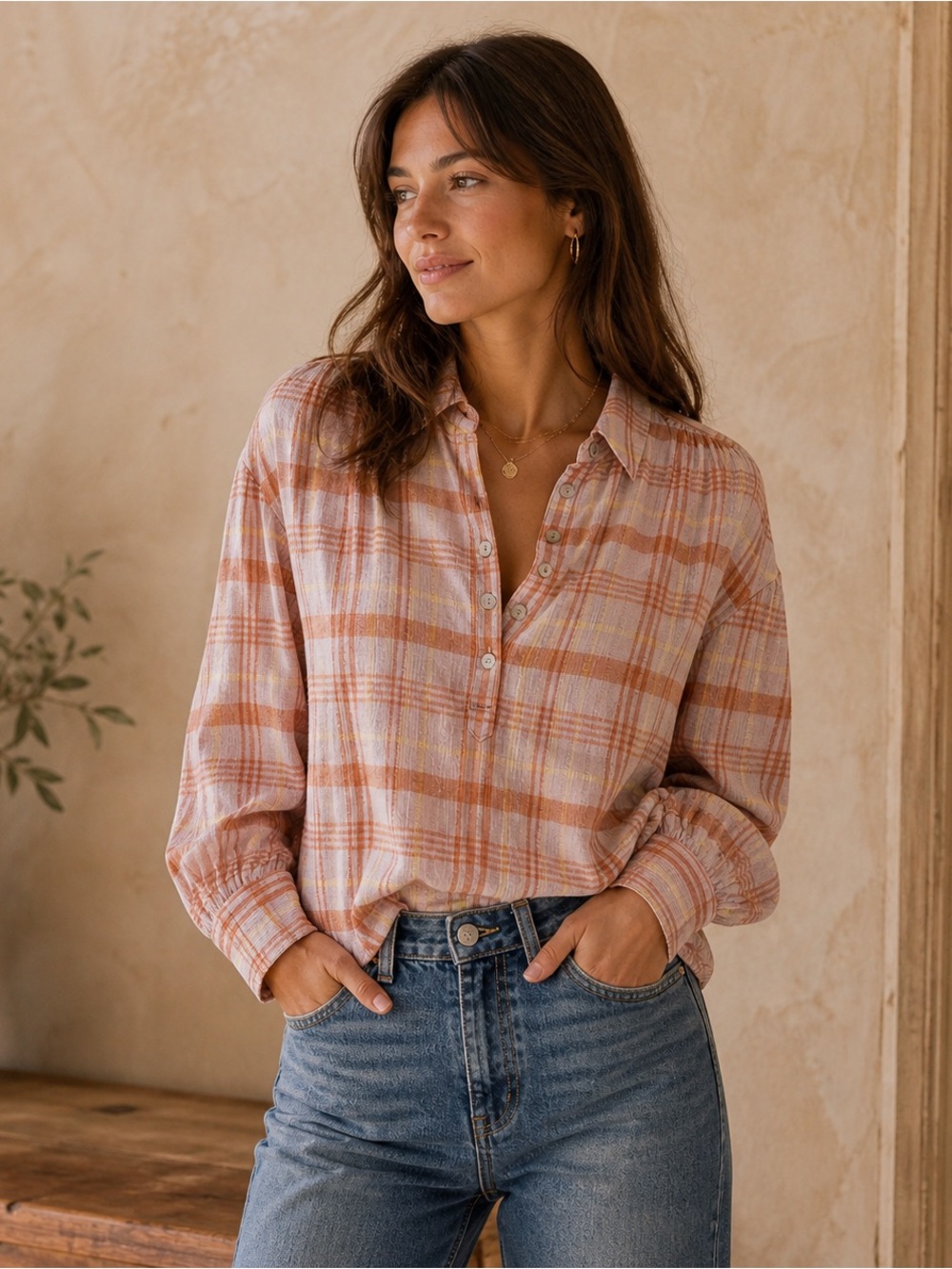 Faherty Women’s Olli Blouse Top Aroma Orange /Purple Plaid Sz L Organic Cotton